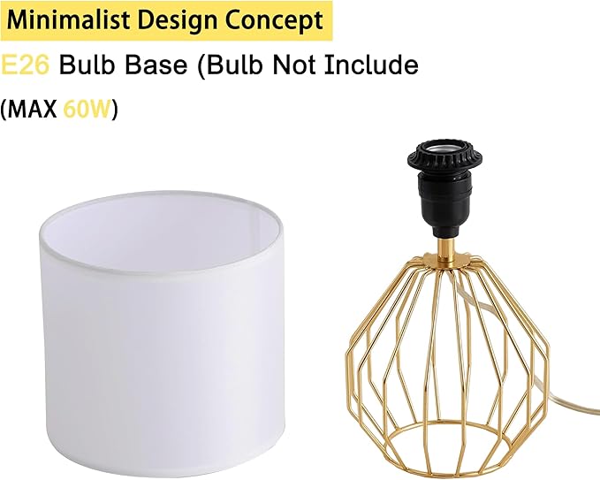Small Gold Table Lamps, Set of 2 Bedside Nightstand Lamps with White Fabric Shade, Metal Base, Hollow Desk Lamps, Modern Brass Geometric End Table Lamp for Bedroom, Living Room, Office