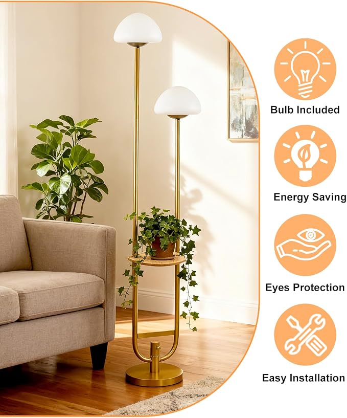 Lightdot 63IN Gold Dimmable Floor Lamp with Table Modern Mid Century Standing Lamps with Bulbs Included Unique Vintage Tall Floor Lamp with 5Lbs Heavy Base for Living Room/Sofa Beside/Corner Decor
