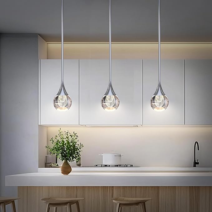 2-Pendant Lights Kitchen Island, Silver Crystal Globe Ceiling Hanging Light Fxitures, LED Light Fixtures Metal Rod Ceiling Glass Pendant Lighting for Kitchen Island Dining Room Bar