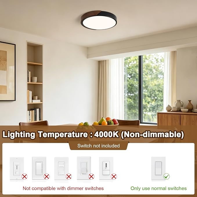 Modern LED Ceiling Light, Dark Walnut Wood Flush Mount Ceiling Light Fixture, 4000K Not Dimmable, Minimalist Circle Lighting Lamp with Acrylic Lampshade for Hallway Entryway Bedroom 11.8"