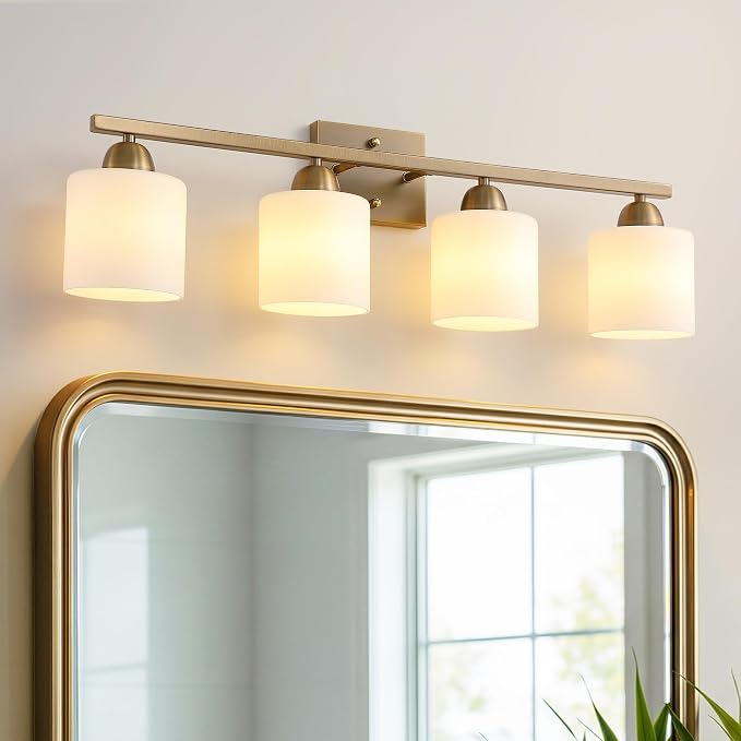 Mecgirn Milk Glass Vanity Lights for Bathroom, 4 Light Brass Bathroom Light Fixtures Over Mirror, Ceramic E26 Sockets Wall Mounted