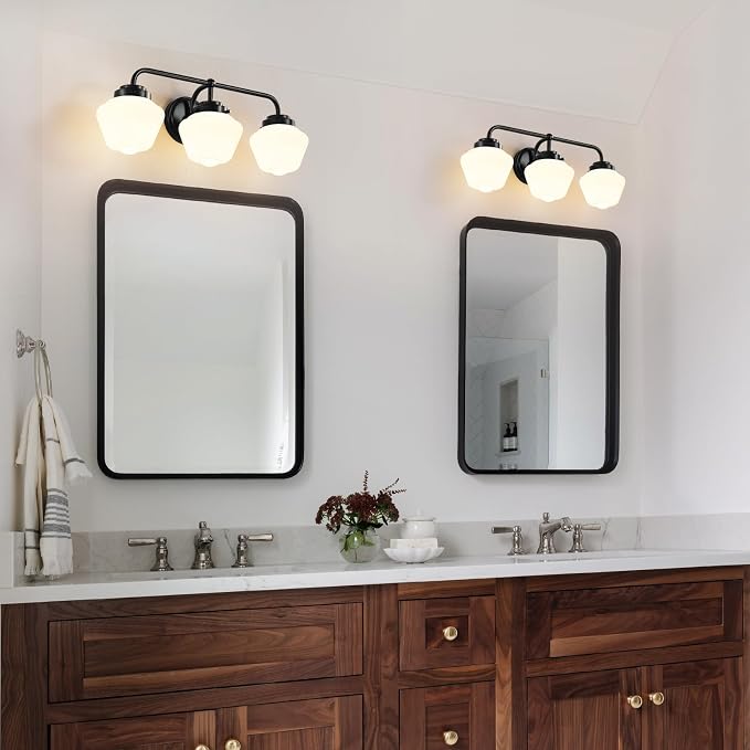RUIYEY Bathroom Vanity Light Fixtures: 3-Light Black Vanity Lights for Bathroom Over Mirror, Farmhouse Wall Sconce Lighting with Frosted Milky Glass for Kitchen (Exclude Bulb)