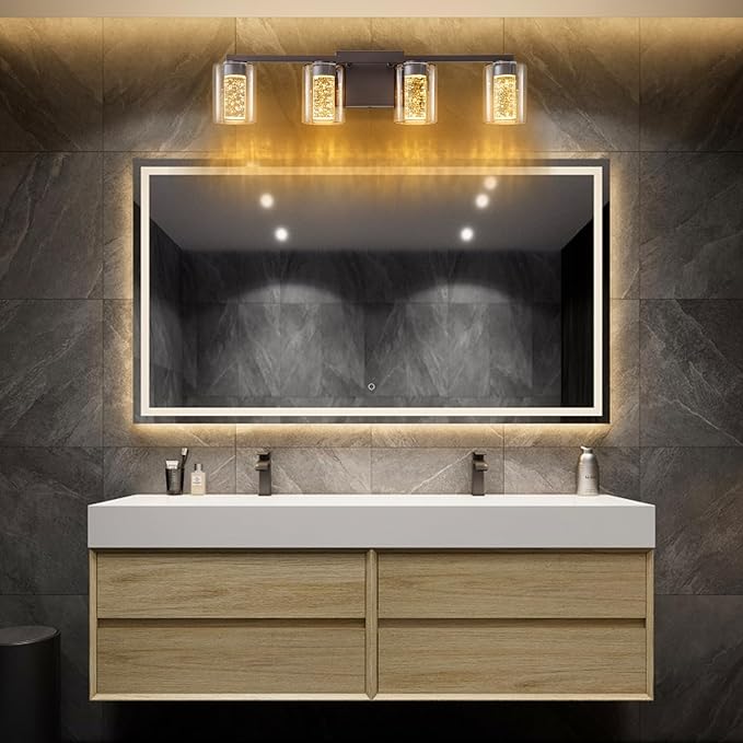 SineRise 4-Light Bronze Vanity Light with 3 Color Modes (3000K/4000K/6000K), Eye Protection LED Bathroom Light Fixture, Dimmable Modern Wall Light Over Mirror with Clear Glass Shade