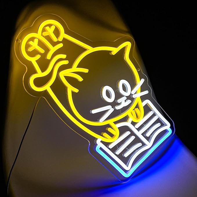 Cat Reading Book Neon Sign Reading Cat Neon Lights for Wall Decor Adorable Cat Neon Signs Dimmable Read Book LED Neon Sign for Classroom Library Children Studying Room Bedroom Decoration