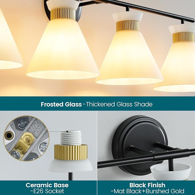 WOSHITU Bathroom Vanity Light Fixtures: 4-Light Mid Century Modern Vanity Lights for Bathroom Over Mirror, Black and Gold Wall Sconce Lighting with Frosted Milky Glass for Bath Bedroom