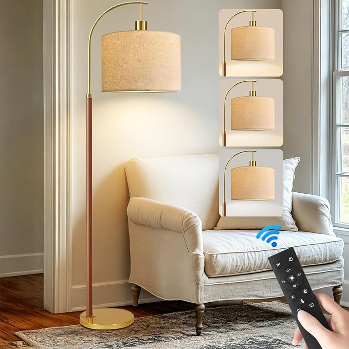 Wood Floor Lamps for Living Room Arc Floor Lamp with Remote Control,Dimmable Farmhouse Floor Lamp Mid Century Modern Standing Lamp with 3 Color Temperature Tall Vintage Floor Lamp For Bedroom Corner