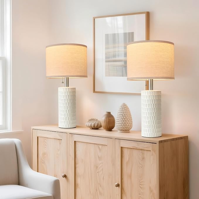 Reaketon 20.5" Modern Ceramic Table Lamps for Bedroom Set of 2, Bedside Lamps for Night Stands with Beige Lampshade, Farmhouse Table Lamp for Living Room Office Dorm, White