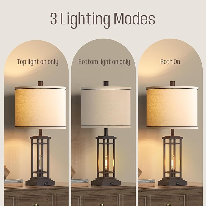 ROTTOGOON 27.5 Tall Farmhouse Table Lamps with USB C + USB A Charge Ports, Rustic Living Room Lamps Set of 2, Black Industrial End Table Lamp for Bedroom Living Room Nightstand (Oil-Rubbed Bronze)
