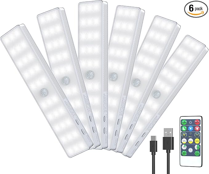 Racokky Under Cabinet Lighting with Remote, Motion Activated RV Step Light | 6 Pack 30LEDs 8'' Rechargeable Closet Lights, Dimmable Night Bar, Magnetic, Timer, for Kitchen Wardrobe Stair Motorhome