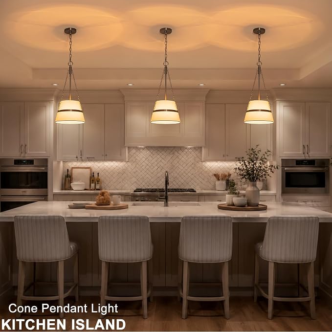 11.4" Brushed Nickel Drum Pendant Lights Kitchen Island White Fabric Shade | Modern Transitional, Cone Shape, 3 Side Chains, 1-Light, Breakfast Nook, Reading Corner, Adjustable Height 11.42"W x 23.82"H