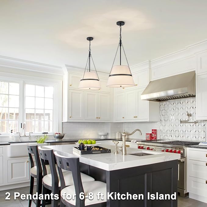 15.35" Black Drum Chandelier, White Linen Pendant Light for Kitchen Island | Modern Transitional, 4-Light, 3 Side Chains, for Dining Room, Breakfast Nook, Home Office, Adjustable Heigh 15.35"W x 28.35"H