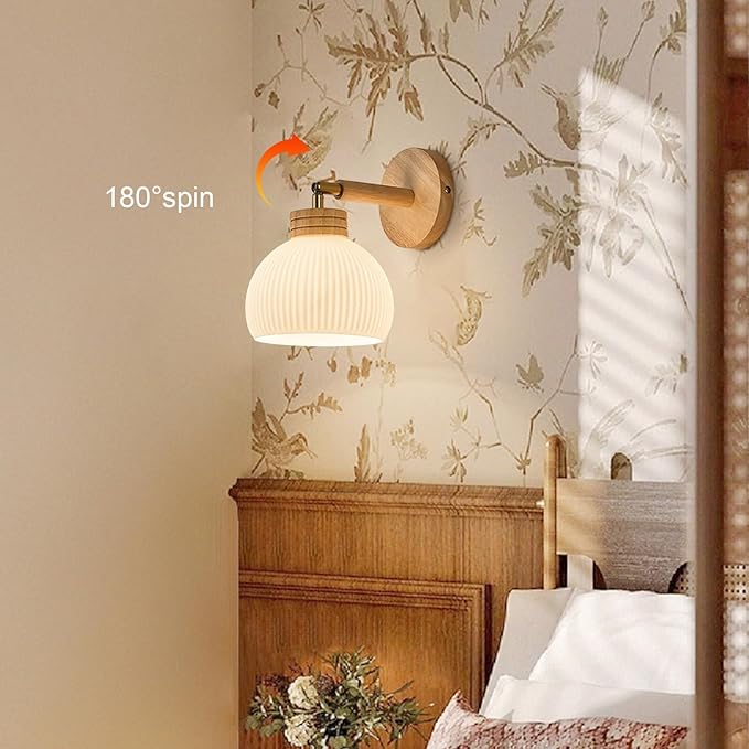 Globe Milk White Glass Wall Lamp Nordic Solid Wood Wall Sconce Adjustable Bedroom Bedside Reading Lighting, Modern Retro Half Globe Wooden Home Decor Lighting Fixture for Loft Living Room