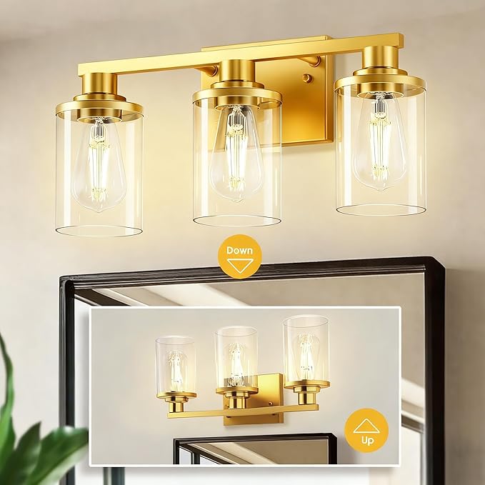 L LOHAS LED 3 Light Bathroom Vanity Light, Gold Bathroom Light Fixtures, Vanity Lights for Mirror Bedroom Hallway