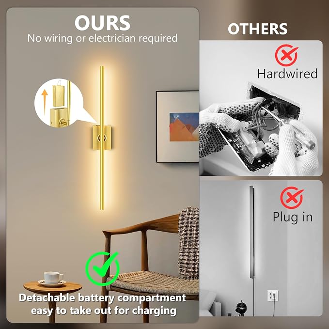 Eneru Battery Operated Wall Sconce 1 Pack, Gold Wireless Wall Light 31.5in | Rechargeable 10000mAh, Touch and Remote Control, 360° Rotate, 4CCT Dimmable, Wall Lamp for Living Room Bedroom Hallway