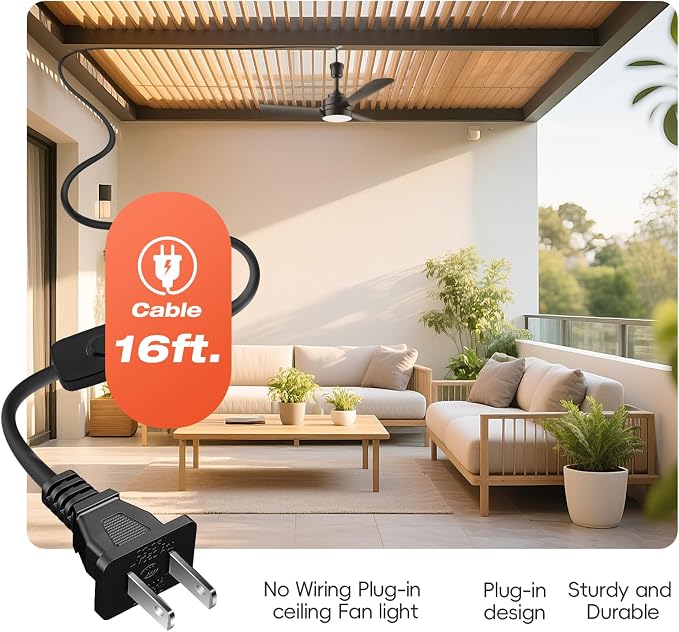 PBLALA 28" Gazebo Fan with Light,Plug in Ceiling Fan Light,Outdoor Ceiling Fan with Light,Hanging Fan with Hook,35W 3000-6500k,Remote/APP Control,Portable Fan Light for Patios,Porch