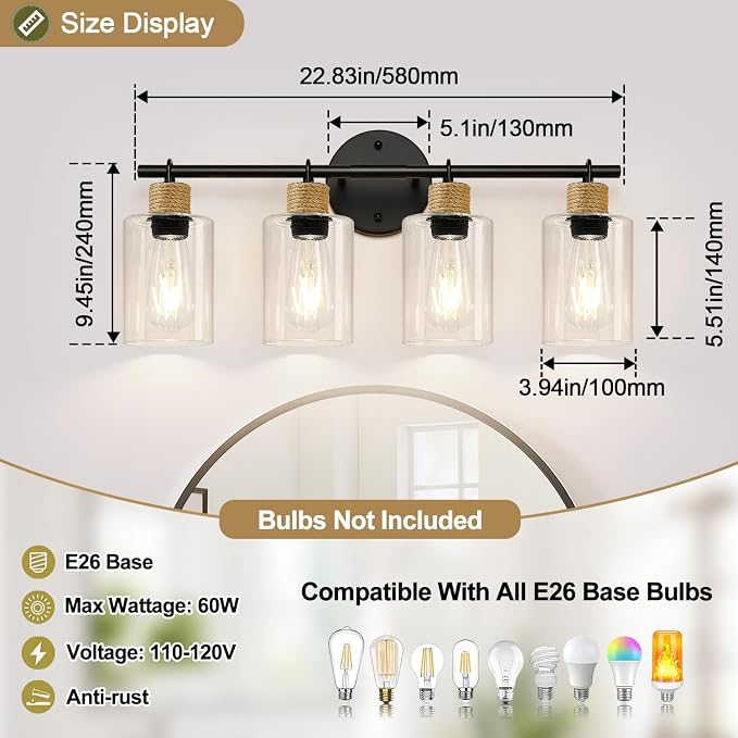 MOKATNG Bathroom Light Fixtures, 4-Light Farmhouse Vanity Lights with Hemp Rope, Black Bathroom Wall Lamp for Mirror Kitchen Hallway Cabinet