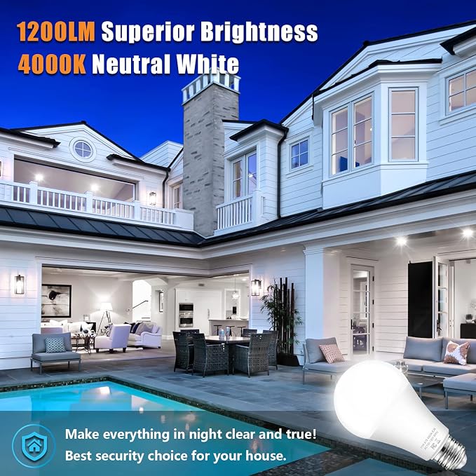 Dusk to Dawn Sensor Light Bulb Outdoor, A19 LED Bulbs Auto On Off 100 watt Equivalent, E26 Sensor Bulbs Neutral White 4000K, 11W 1200lm Smart Light Bulbs for Porch Garage Security, 4PACK