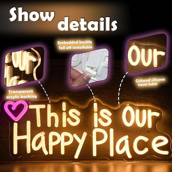 This is our happy place neon sign, suitable for wedding birthday girl party bar wall decoration, dimmable, USB powered, pink heart shape