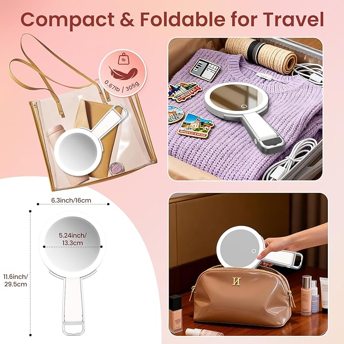 Makeup Mirror with Lights, 10X /1X Double-Sided Lighted Makeup Mirror with Magnification, Rechargeable Magnifying Mirror with 3 Color Lights, Portable Make up Mirror 3 in 1 Tabletop/Handheld/Hanging