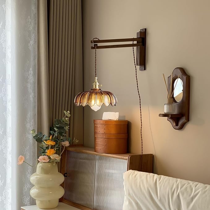 XZHGCEE Plug in Pendant Light: Amber Glass Hanging Lamp Plug in, 14.7ft Swag Lamp Cord with On/Off Switch for Kitchen Island/Dining Room/Bedroom/Living Room Hanging Light, No Bulb