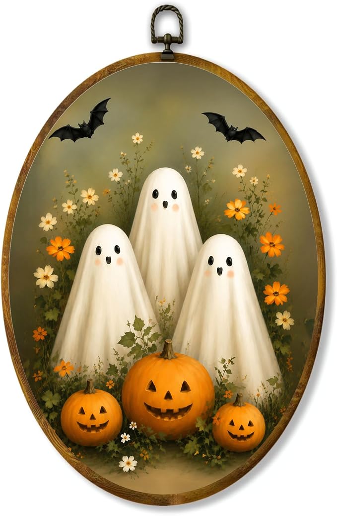 Cute Ghost Pumpkin Oval Wall Art, Framed Canvas Decor, 8.5x11.5 Inch | Three cute ghosts, jack o lantern pumpkins, bats and floral garden Halloween decor