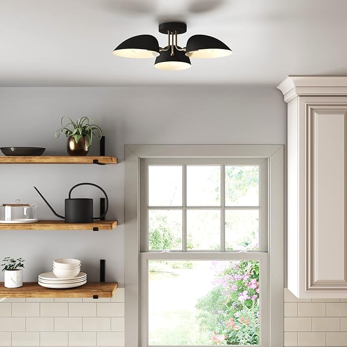 Nathan James Argo Semi Mount Flush Ceiling Light, 3-Lights Modern Retro Lighting with Black Rounded Shades for Hallway, Dining Room and Bedroom, Brass Gold/Black
