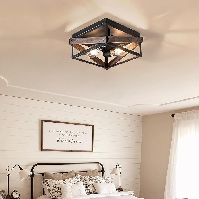 Mayful 2-Light Bronze Farmhouse Flush Mount Ceiling Light Fixturet, Rustic Hallway Light Fixtures with Wood & Metal Design, Industrial Close to Ceiling Light Fixtures for Kitchen Entryway Foyer