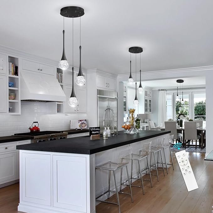 cenzoz 3-Lights Modern Pendant Lights for Kitchen Island LED Dimmable Crystal Glam Ceiling Pendant Lighting Chandelier for Dining Room Hallway Bedroom Corner Lamp Black