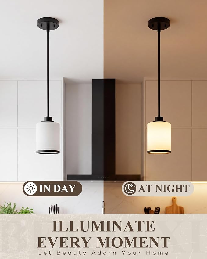 Beionxii Black Pendant Lights Kitchen Island,Mini Hanging Light Fixture | 4.72“ Milk Glass Pendant Lights Kitchen Island 2 Pack, Adjustable Metal Rods for Dining Room Bedroom Sink, BX-PL02MB-2+R