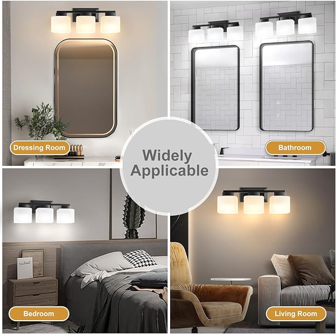 3-Light Bathroom Light Fixtures - Black Bathroom Vanity Lights with Frosted Glass Shade Modern Bathroom Lighting Fixtures Over Mirror - Wall Sconce Lamps for Bedroom,Living Room,Hallway