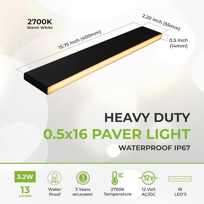 LUMENGY Paver Light Slim 0.5x16 Inch (0.55x15.75), 2700K Warm White, Glare-Free Linear Lighting for Driveways, Walkways and Paver Borders, 12V Hardwired, IP67 Waterproof, Drive-Over Rated