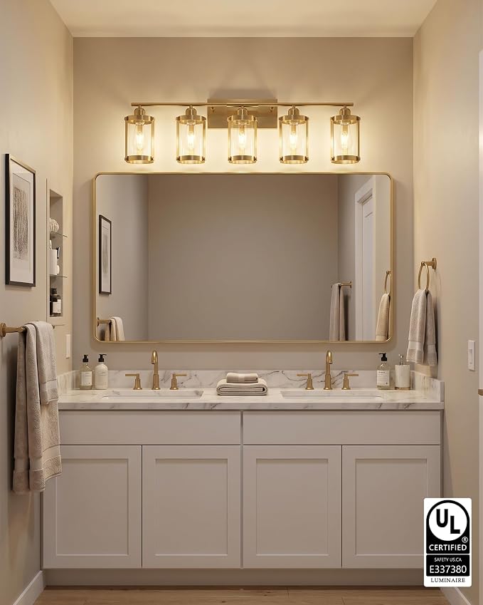 5-Light Brushed Gold Bathroom Light Fixtures Over Mirror with Clear Glass and Metal Cage Shade, 38" UL-Listed Modern Farmhouse Wall Sconce for Bath, Hardwire E26, OS-3014BG-5W