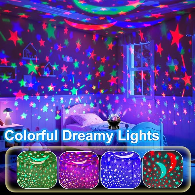 Night Light for Kids, Room Decor for Boys, LED Projector, Rotation Night Light Projector, USB or Battery Operated Star and Moon Lights, Change Color Star Lights (Black)