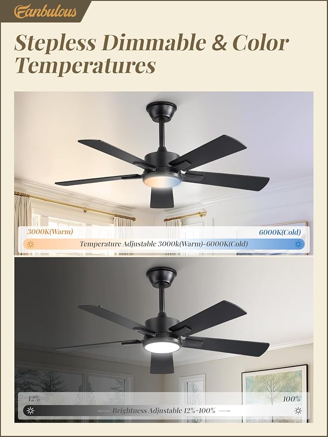 Fanbulous 42 Inch Ceiling Fans with Light, Black, Remote & APP Control | Stepless CCT & Dimmable Light, 20W LED Ceiling Fans, 6 Speeds, Reversible Quiet DC Motor, for Bedroom Living Room Apartment
