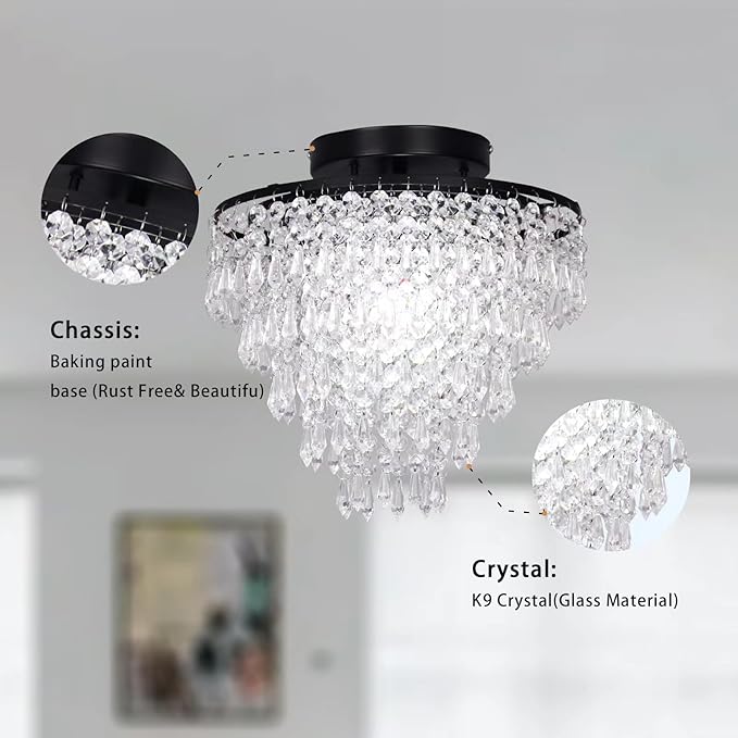 FRIXCHUR 11.8" Small Crystal Chandelier Light Fixture Mini Crystal Ceiling Light 5 Tiers Raindrops Black Chandeliers for Bedroom Hallway Closet,E26 Base