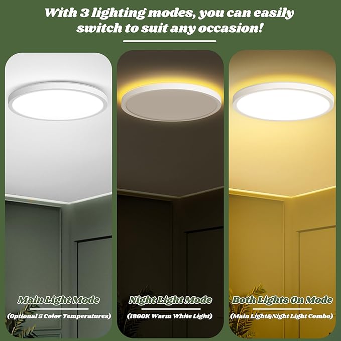 Brightever LED Flush Mount Ceiling Light with Night Light, 12inch Dimmable Close to Ceiling Light Fixture, 24W 2400LM 2700K-6500K 5 Color Adjusted Flat Ceiling Lamp for Bathroom, Dining Room, 1 Pack