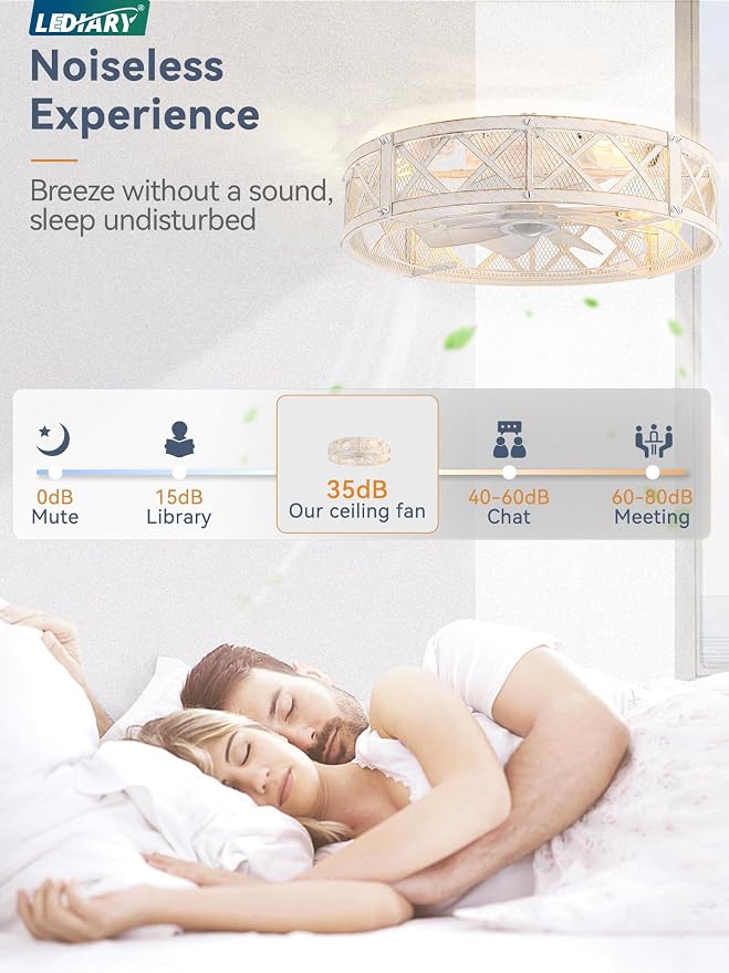 LEDIARY 23" Caged Farmhouse Ceiling Fan with Light, Flush Mount, White Gold | Remote&APP Control, Large Low Profile, Rustic Fandaliers, Industrial Bladeless Enclosed, Powerful Motor for Bedroom, Kitchen
