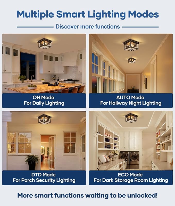 Motion Sensor Outdoor Ceiling Light with Remote, 8.5 Inch Brown and Gold Flush Mount Porch Light Fixture with United Glass Cover, 5 Modes Outside Flush Mount Light for Porch, Garage, Entryway