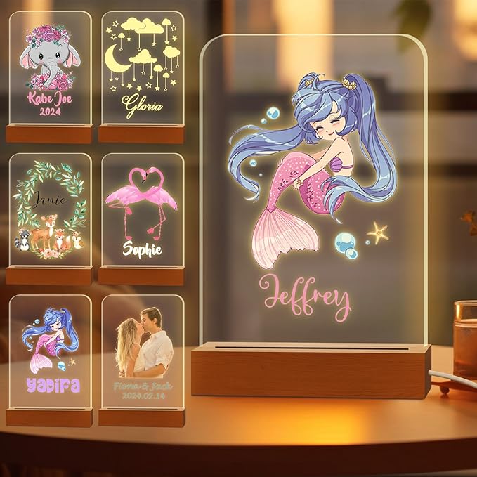 Personalized Night Light for Kids Custom Engraved Name Acrylic LED Lights with Wood Base for Nursery Bedroom Decor Night Lamp, Customized Birthday Gifts for Girls