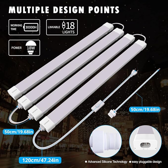 KUKUMAO 5000K Plug-in LED Tube Light Fixture, 18W Linkable Cabinet Light for Garage, Kitchen, Bathroom, Closet, Office - 2Ft, Triproof, White