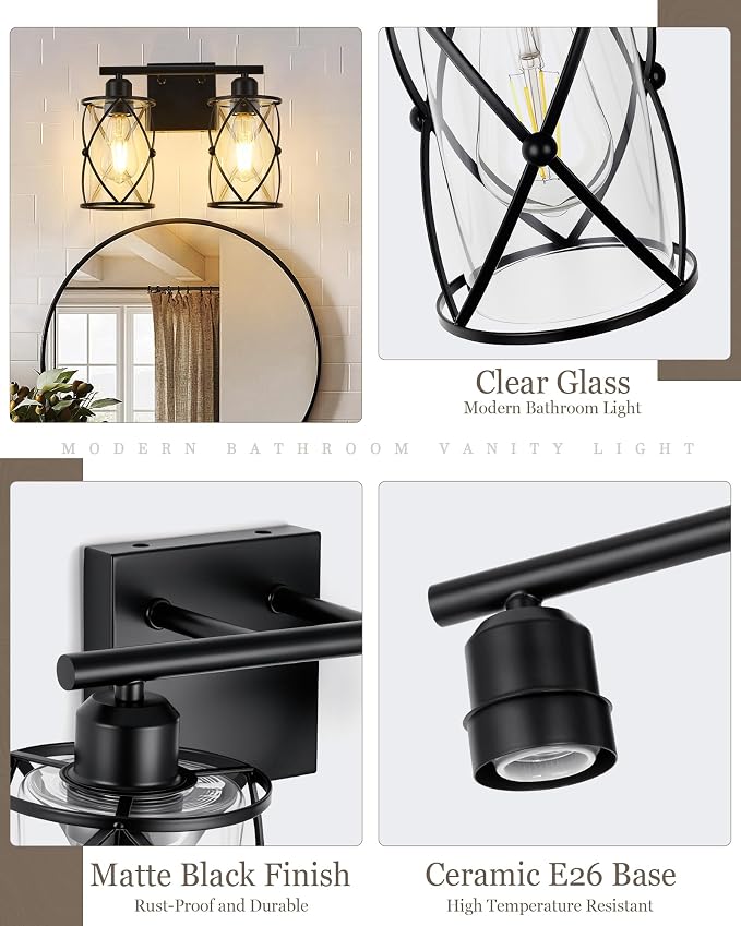 2-Light Black Bathroom Light Fixtures, 13.8 Inch Modern Bathroom Vanity Lighting Fixtures Over Mirror with Clear Glass and Metal Cage Wall Sconce Lights for Bath, E26, CH9176BK-2W