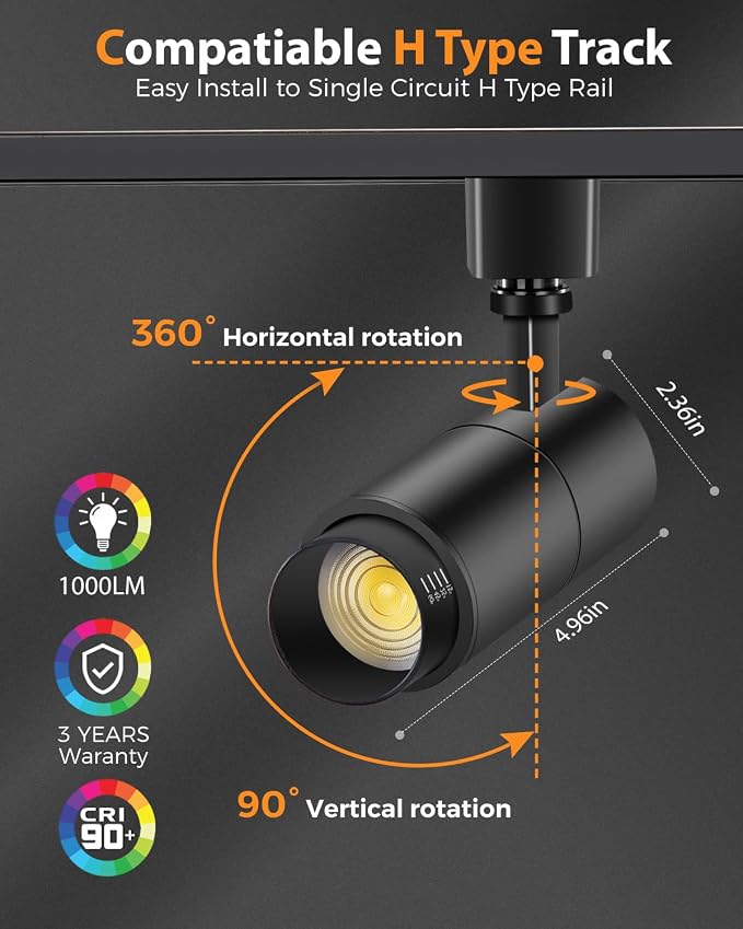 VANoopee 3-Color Zoomable 10W LED Track Lighting Heads H Type, Black 4 Pack | Track Light Heads Dimmable Bright Ceiling Spotlight Fixtures Accent Art, 3000K 4000K 5000K Adjustable, CRI90+ 15°-60°, 1000lm