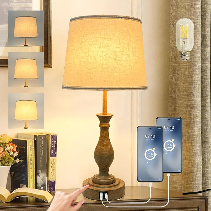 LALISU Farmhouse Table Lamp Touch Control 3-Way Dimmable Table Lamp, Modern Nightstand Lamp with 2 USB Port Bedside Desk Lamp with Fabric Shade for Living Room (Pack 1-Beige Shade & Touch)
