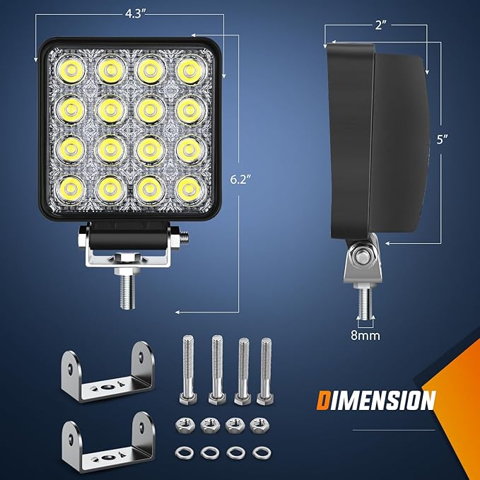 Nilight 4 Inch Square LED Tractor Light Pods 2PCS 48W Flood Work Lamps for Truck Off-Road Vehicles ATV UTV Boat