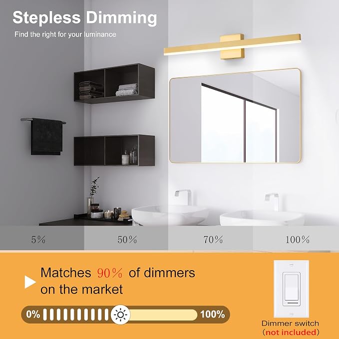 Gold Bathroom Vanity Light Fixture 31.5'' 20W Dimmable 5CCT LED Hardwired | Bathroom Light Fixture Over Mirror, Bathroom Wall Sconce, Rust-resistant, ETL Certificated, 2700K/3000K/3500K/4000K/5000K