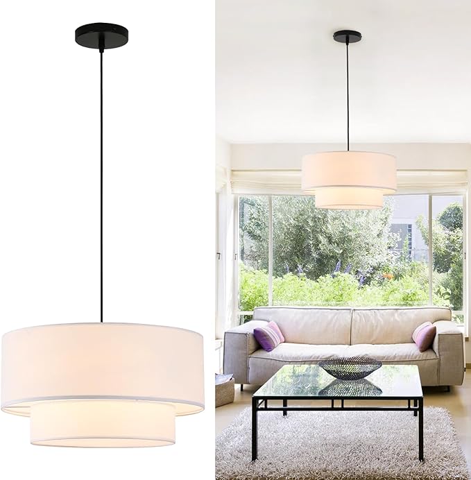 Drum Pendant Light, 18" Drum Chandelier with 2-Tier Lampshade | 3 Light Linen Pendant Light Fixture, White Lampshade, Modern Drum Light for Dining Room, Living Room, Bedroom, Kitchen