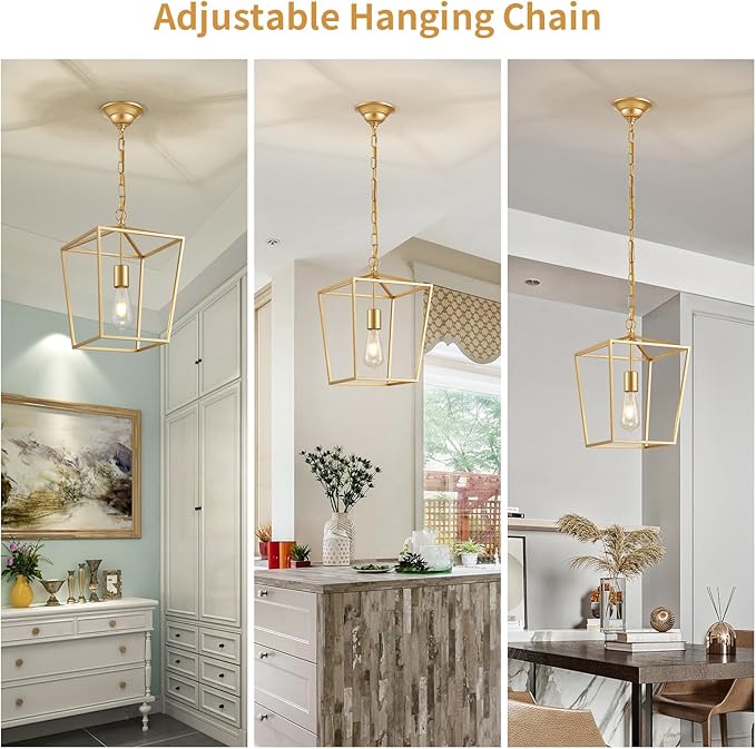 ANJIADENGSHI Lantern Pendant Light Lantern Iron Cage 1 E26 Bulbs Gold Chandelier for Dining Room Kitchen(Bulbs Not Included)