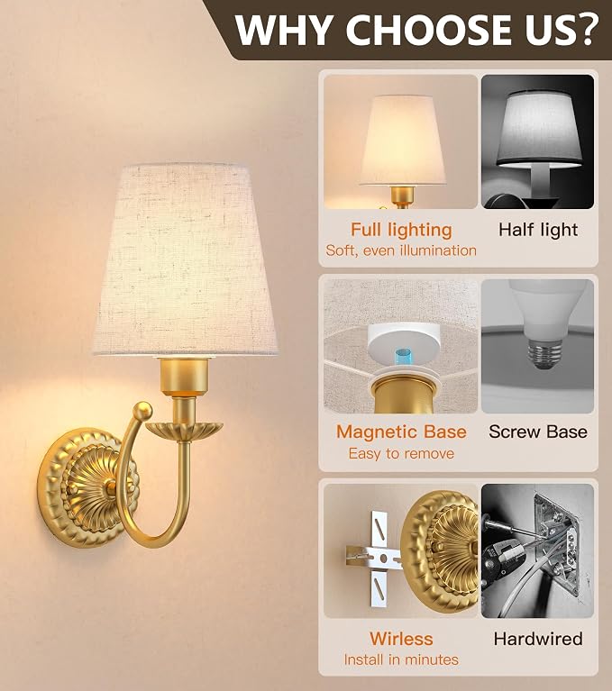 Wireless Wall Sconces Set of Two 14"H, 5300mAh Battery Operated Wall Sconce, Rechargeable Bulbs with Remote, 15 Colors Dimmable Wall Sconces with Fabric Shade for Bedroom Living Room(Brushed Gold)