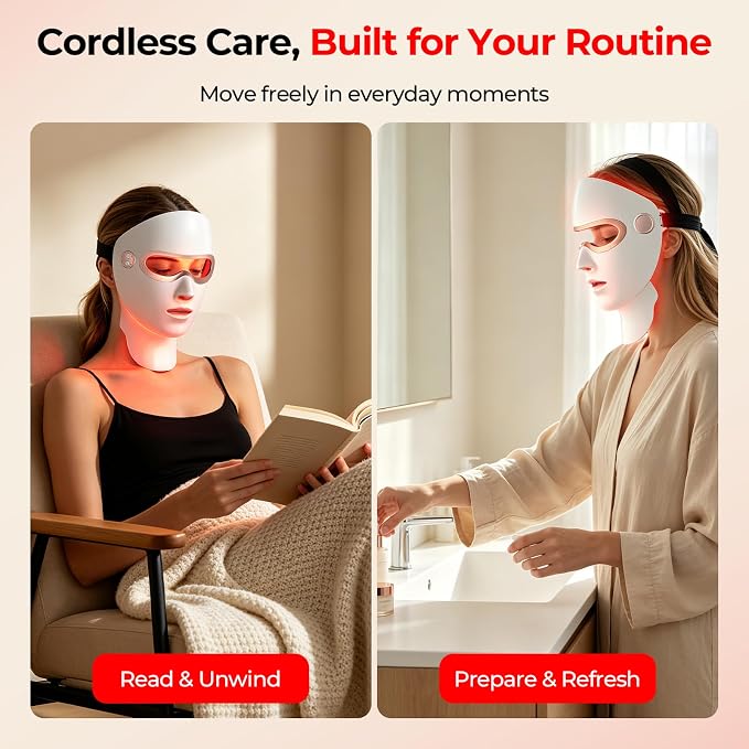 Red Light Therapy for Face and Neck, Cordless LED Face Mask | 7-Color Multi-Mode Skincare Device, Detachable Neck Panel, 3-Level Warming, Rechargeable for Home Use