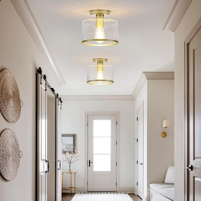 Zlepmlla Modern Flush Mount Ceiling Light, Seeded Glass Ceiling Light Fixture, Gold Light Fixture for Hallway, Bedroom, Entryway, Kitchen，Living Room